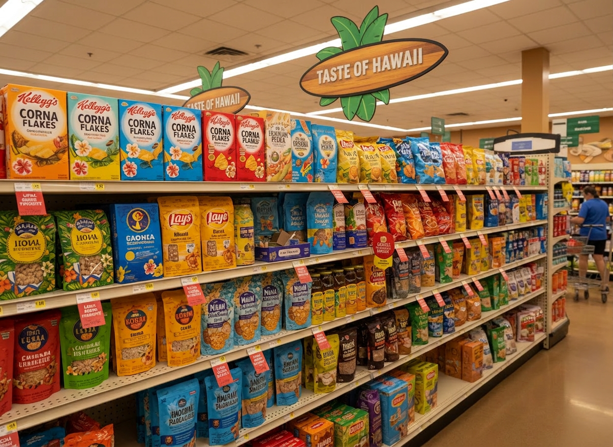 Hawaii retail store shelves featuring local brands